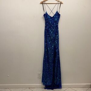 Primavera‎ Blue Green Sequin Prom Gown Lace Up Back Slit Formal Dress Womens 14